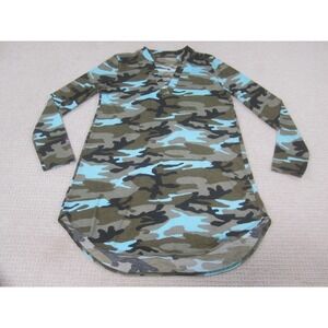 Camo Shirt Womens Small Green Blue Long Sleeve V Neck Tunic Top Made in USA